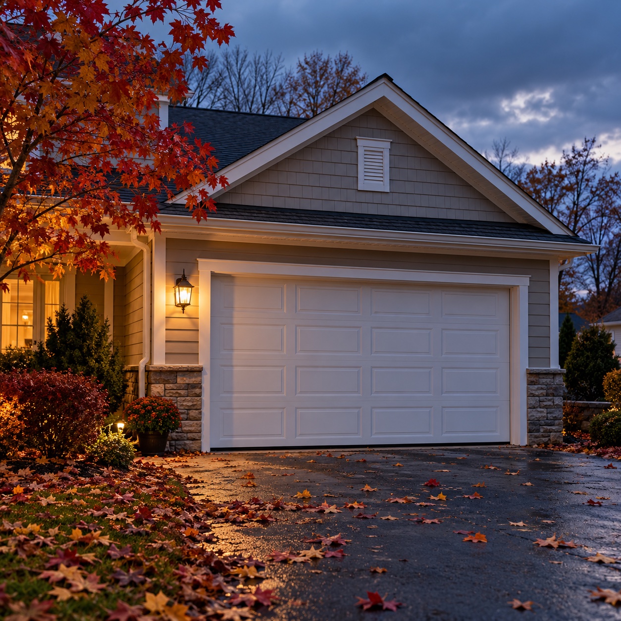 Closed white garage door beside autumn maple leaves at dusk
