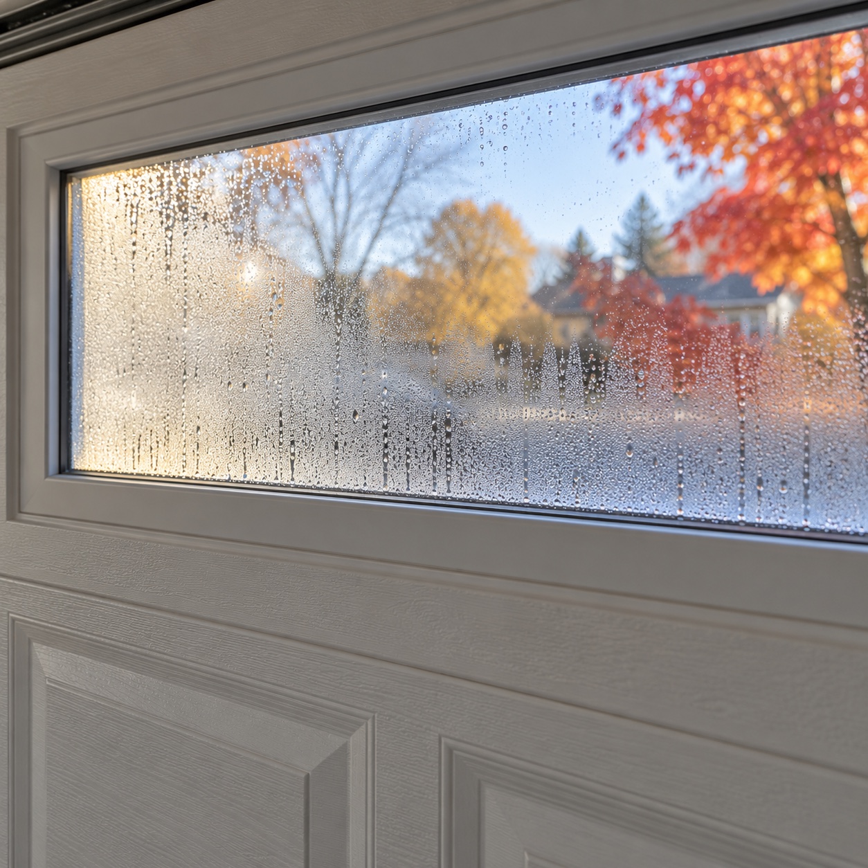 Condensation droplets on a garage door window with autumn leaves outside