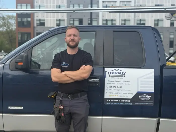 Roni with the branded Literally Garage Door service truck in Bergen County, NJ