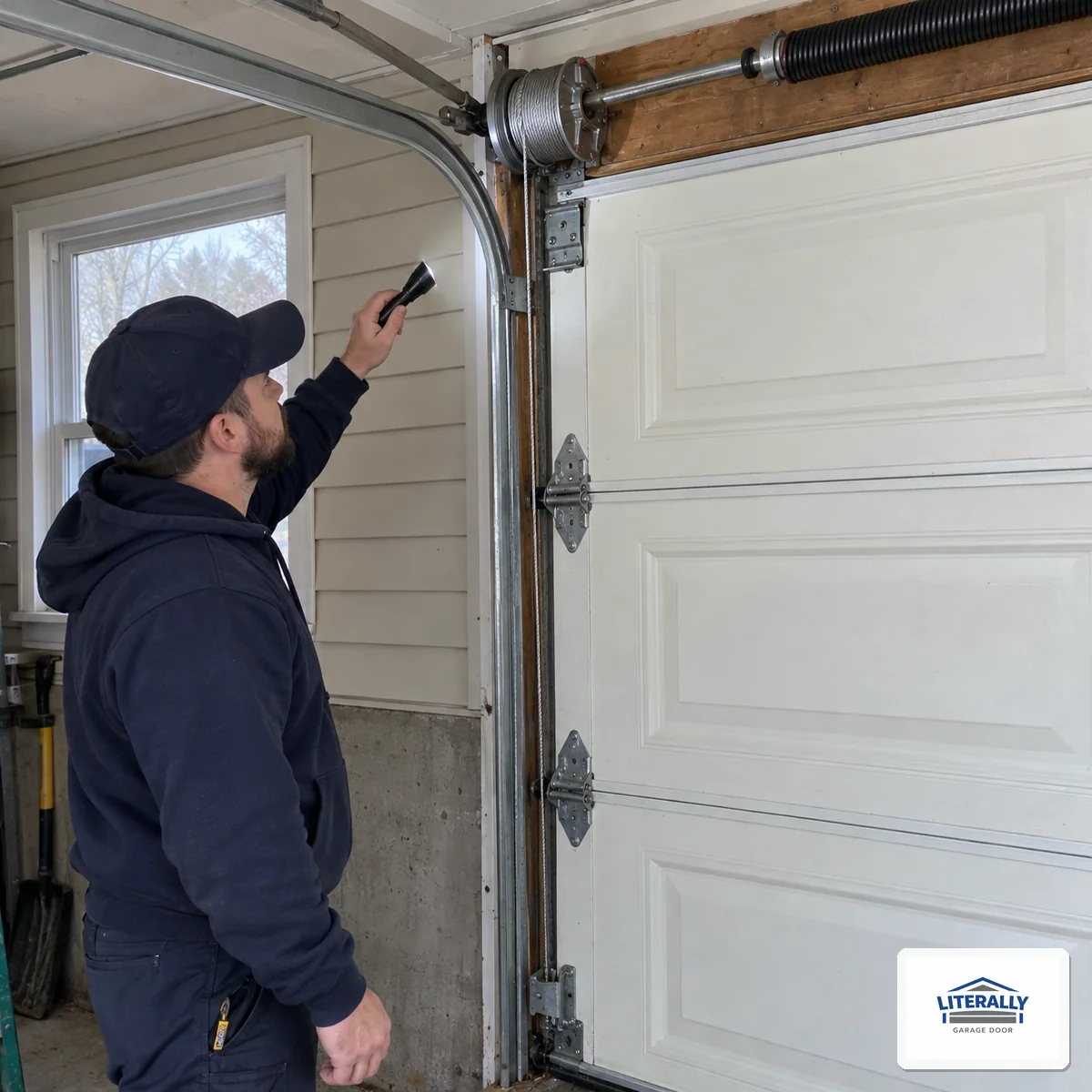 Garage door hardware prepared for inspection and repair