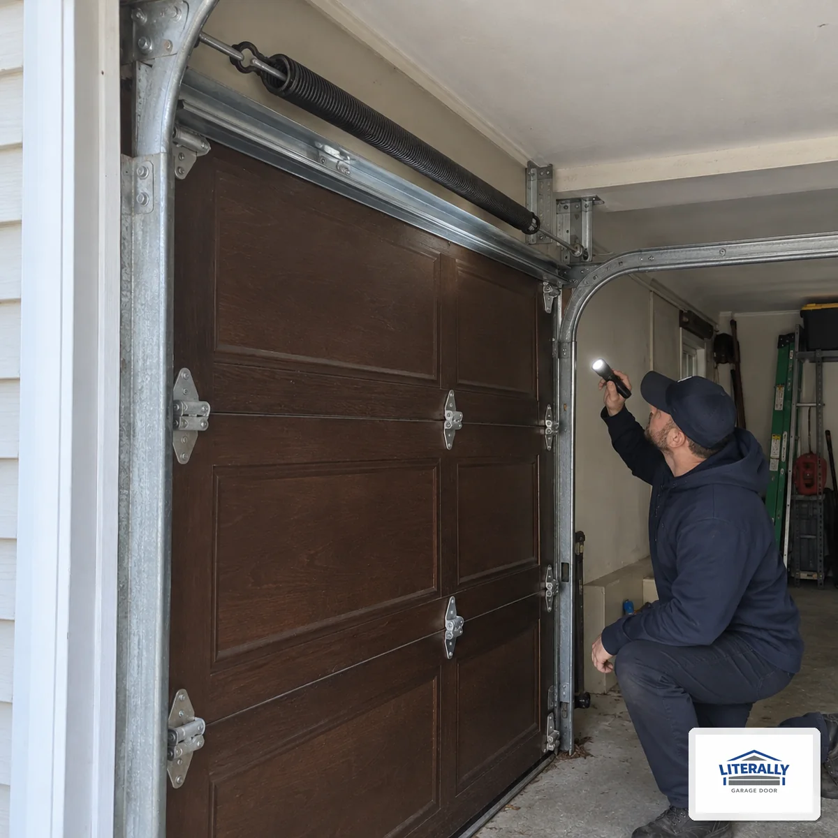 Garage door hardware prepared for inspection and repair