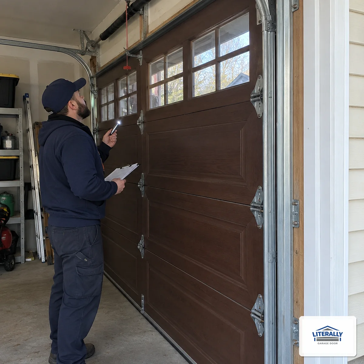Garage door hardware prepared for inspection and repair