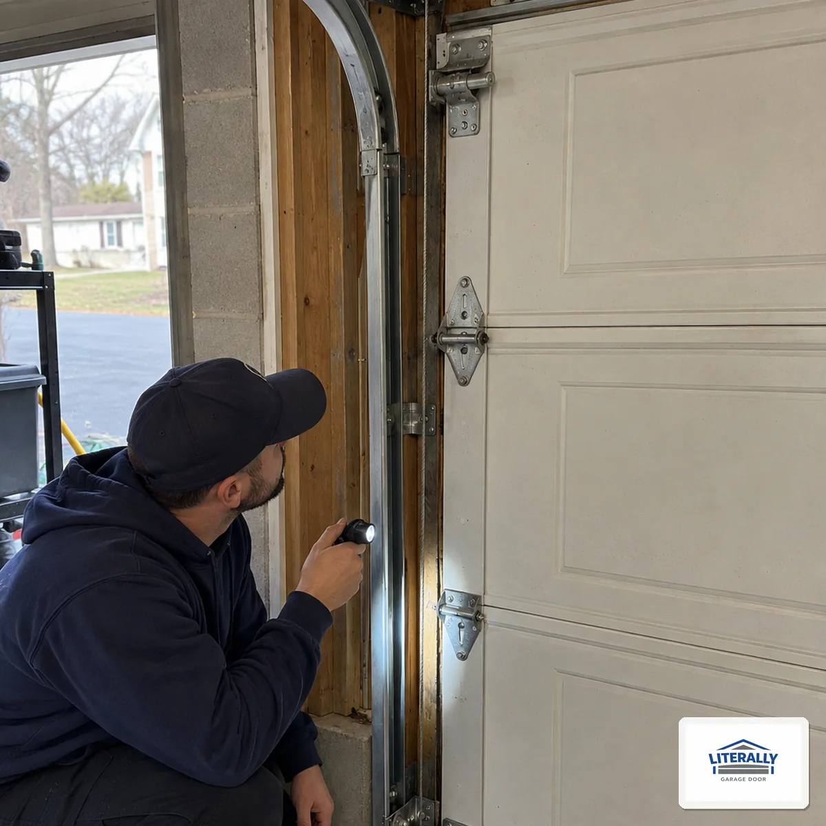 Garage door hardware prepared for inspection and repair