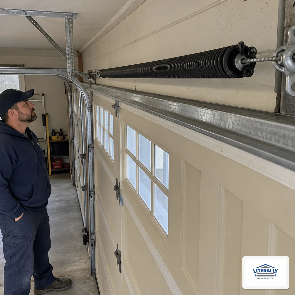 Garage door hardware prepared for inspection and repair