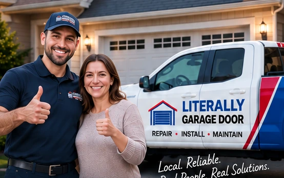 Advertising illustration of a smiling technician and homeowner beside a Literally Garage Door branded service vehicle
